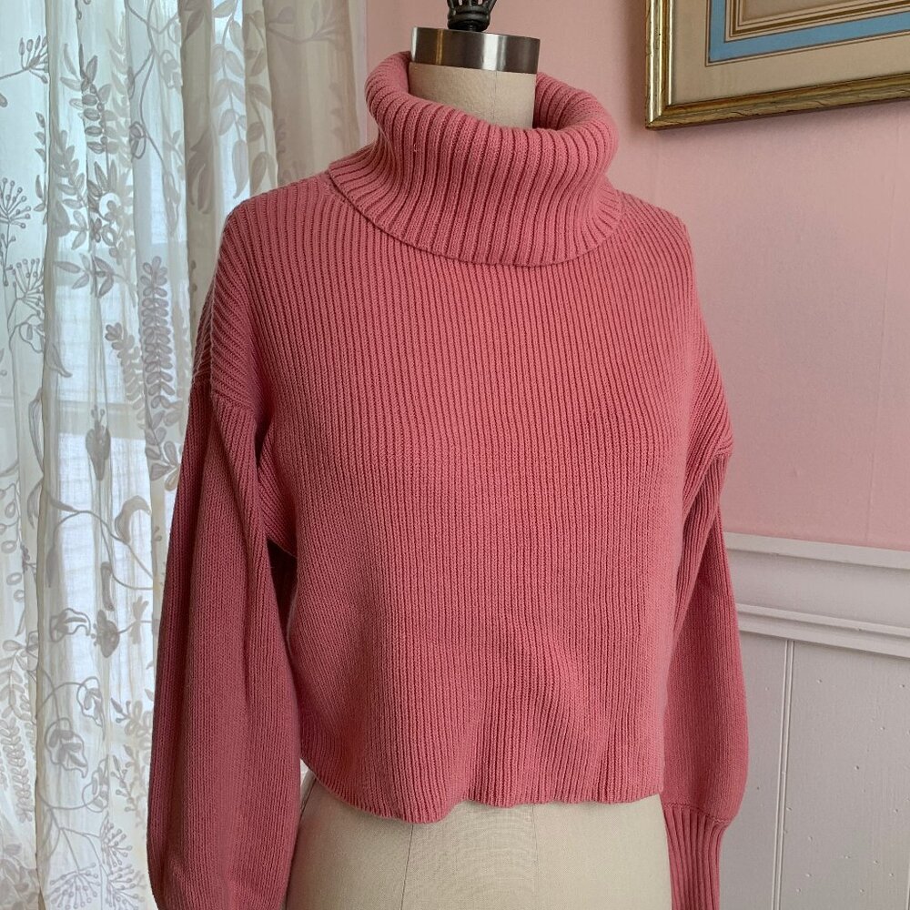 Wild Fable Womens Pink Ribbed Chunky Knit Semi Crop Balloon Sleeve Sweater Small
